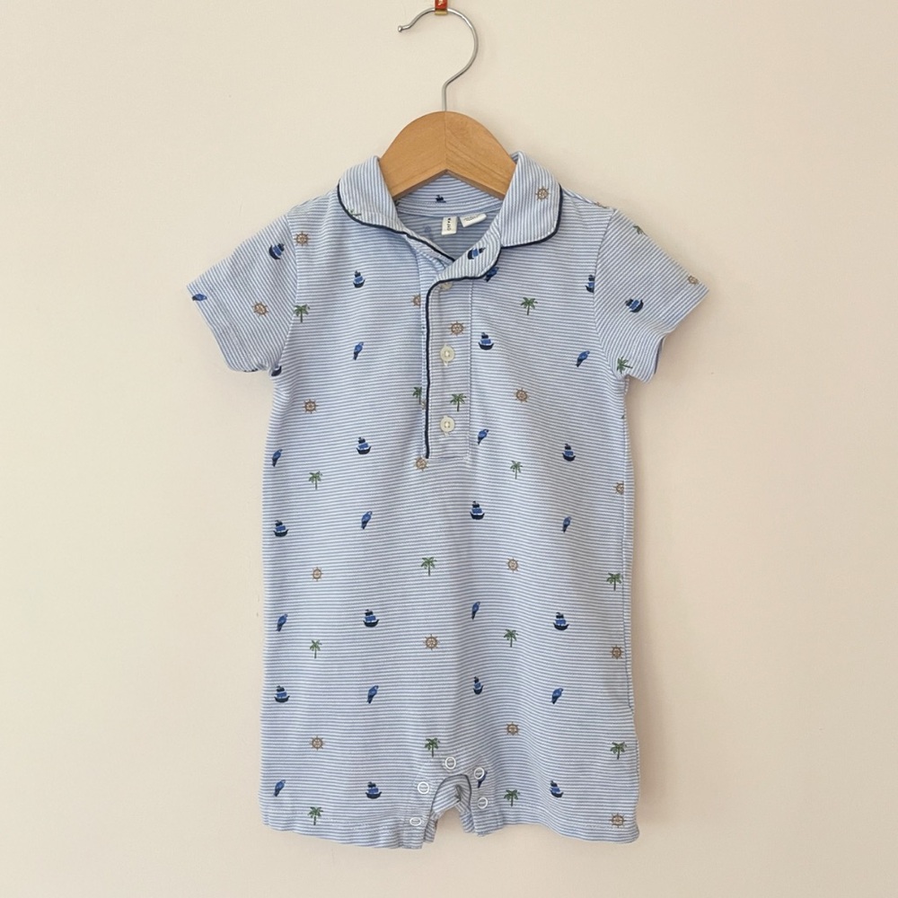 JANIE & JACK EUC Boys Striped Nautical Beach Print Summer Romper